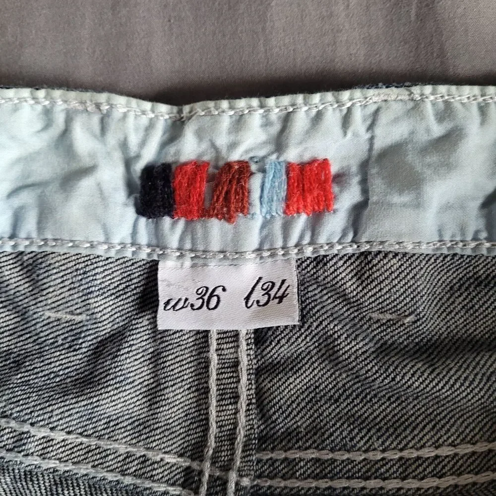 COOGI Jeans Straight Mens 36x34 Embroidered Pockets Denim Dark Blue Loose Baggy